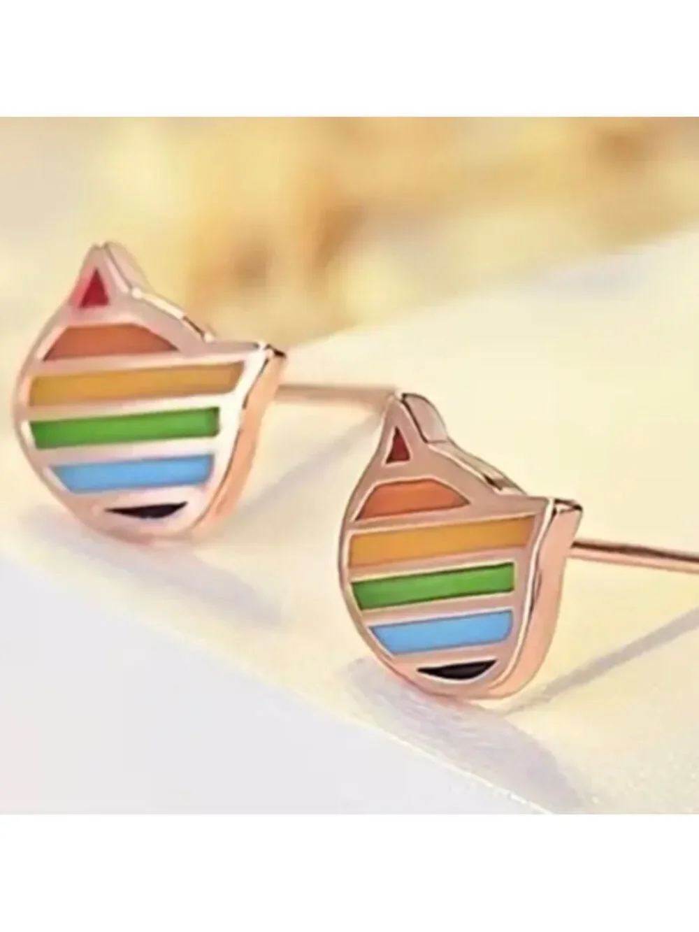🌈 Earrings--Tiny Rainbow Kitty Face Posts, Rose Gold
